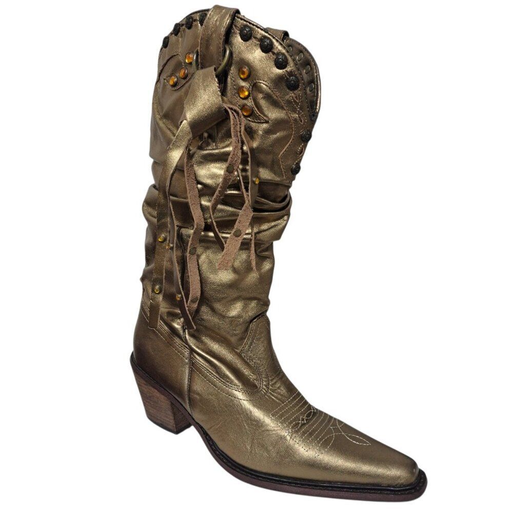 Steve Madden Women's Shyann Leather Metallic Gold Slouchy Western Cowboy Boots 8